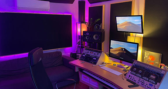 the desk at the Root Seventy Three's recording studios with computers set up