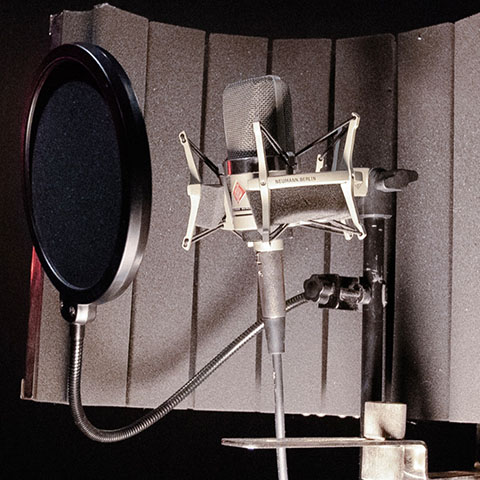 a microphone with a pop filter in front of it, set up for vocal recording